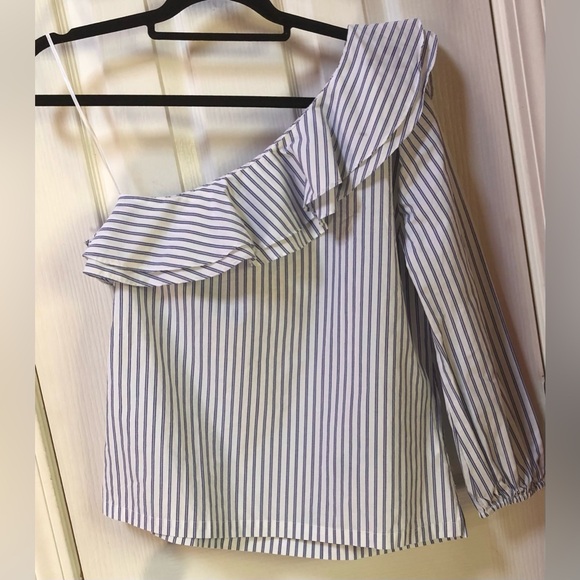 J. Crew One Shoulder Pinstriped Blouse - Picture 4 of 5